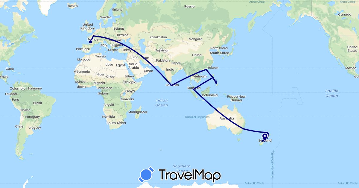 TravelMap itinerary: driving in Australia, France, Hong Kong, Sri Lanka, Malaysia, New Zealand, Philippines (Asia, Europe, Oceania)